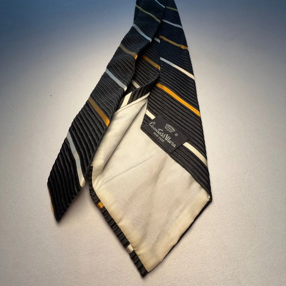 Countess Mara Necktie Mens OS Black Gold Silver Ribbed Silk Striped Preppy Ivy‎